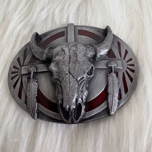 Pewter Buckle with buffalo skull/ feathers design by Siskiyou Buckle Co 1986